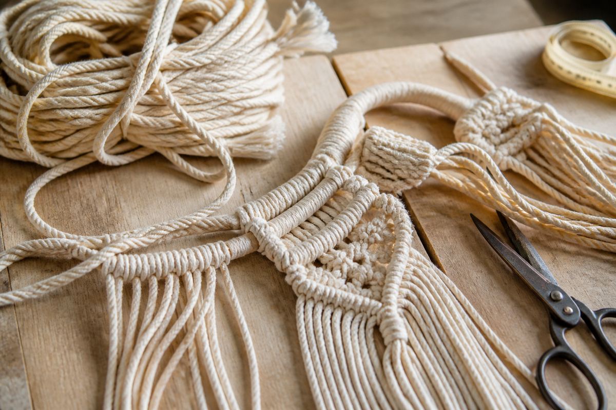 Cotton cords coiled on a wooden workshop table