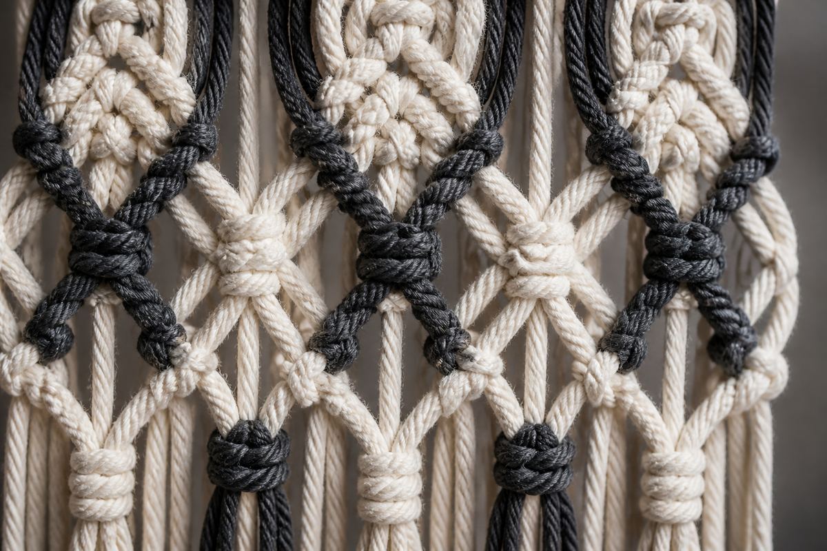 Close detail of looping cotton macramé knots