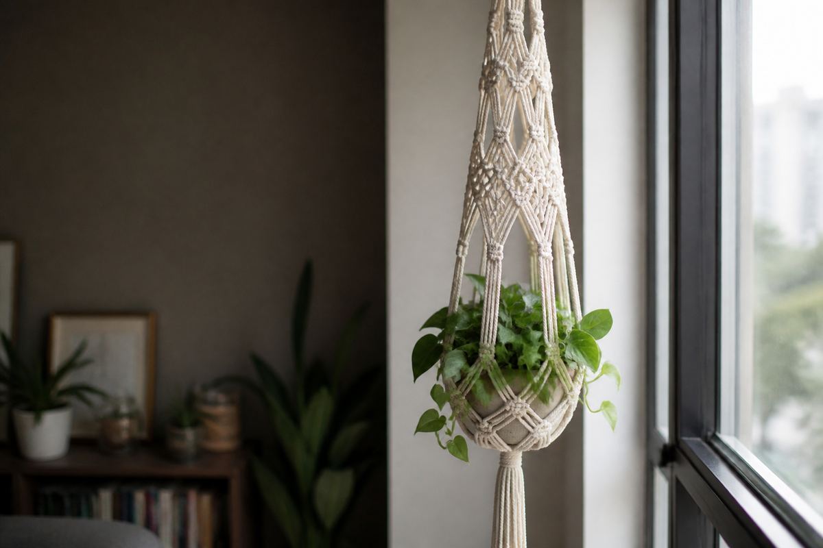 Macramé plant hanger beside a bright window