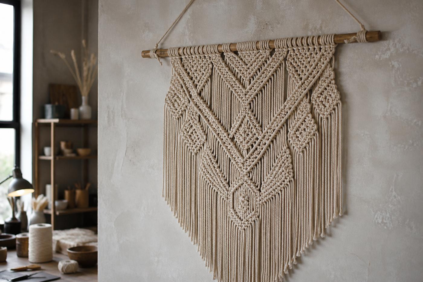 Natural cotton macramé wall hanging with geometric knots
