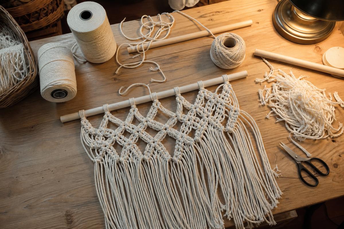 Workshop table with unfinished macramé and cord spools