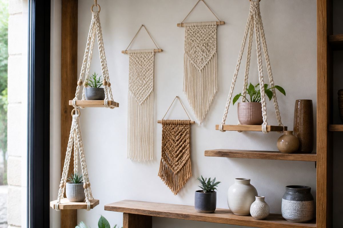Finished macramé pieces displayed on a wooden shelf